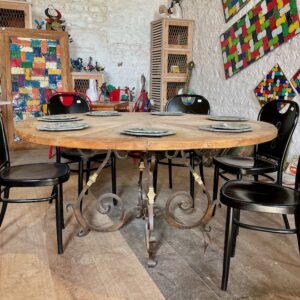 Biarritz - Table ronde de salle à manger en bois piétement en fer forgé