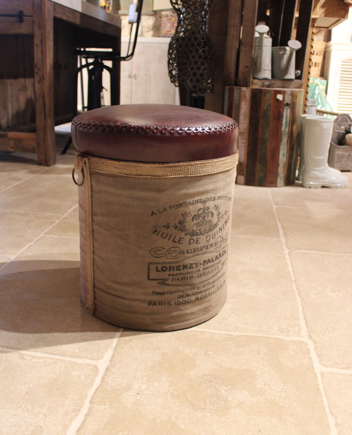 Pouf en cuir et toile