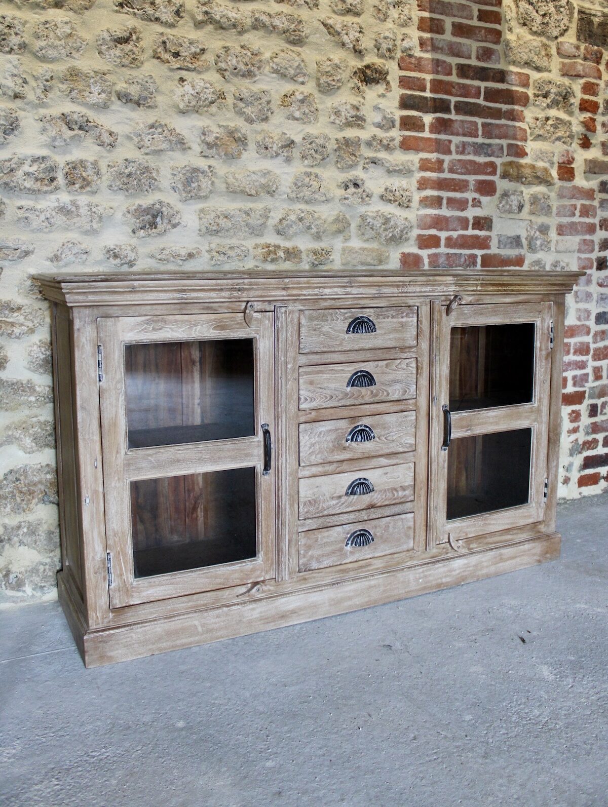Buffet en bois de teck 2 portes, 5 tiroirs
